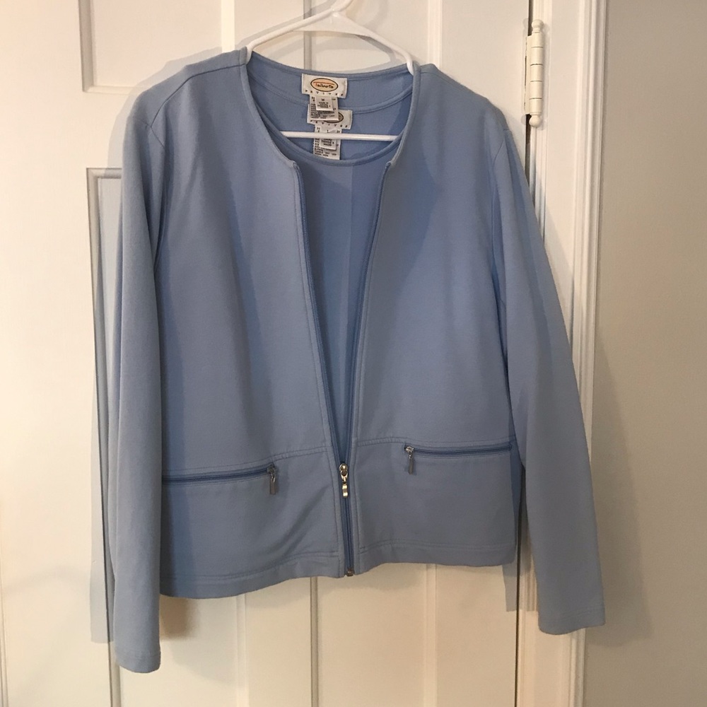 Light blue sweater set.